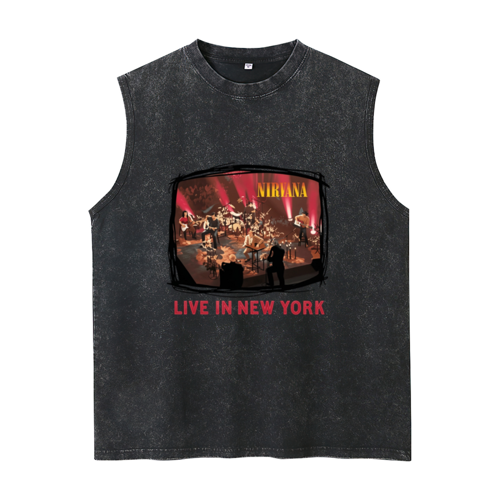 Nirvana Live in New York Photo Washed Tank Top — product image showing the a Nirvana live-performance photograph linked to New York design