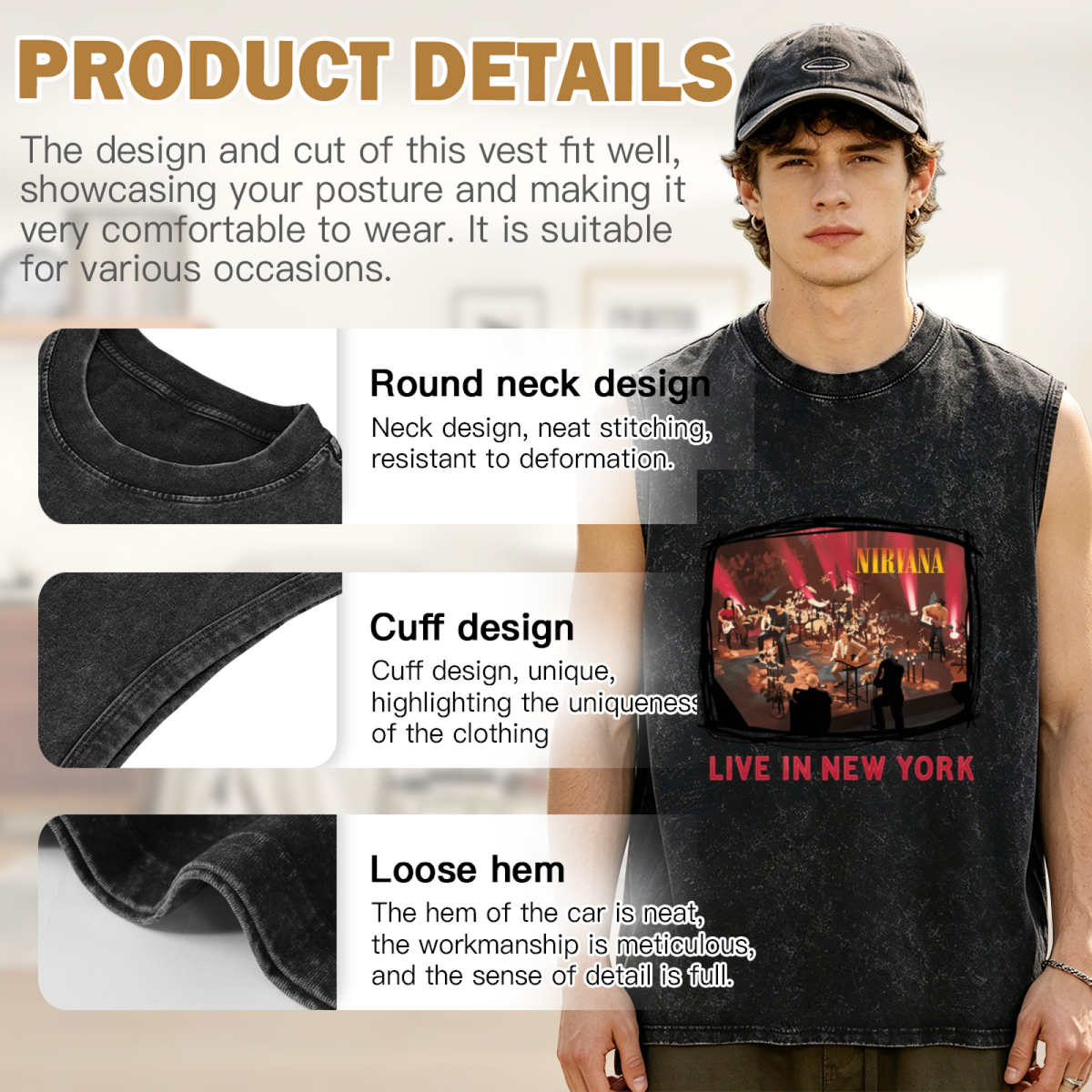 Nirvana Live in New York Photo Washed Tank Top — product image showing the a Nirvana live-performance photograph linked to New York design
