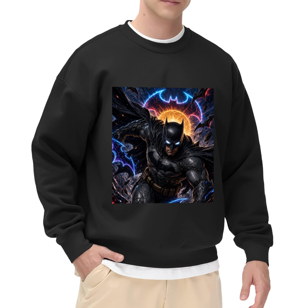 Front-facing model wearing a men's crewneck sweatshirt decorated with a winged masked figure leaping amid electric bolts