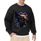 Front-facing model wearing a men's crewneck sweatshirt decorated with a winged masked figure leaping amid electric bolts