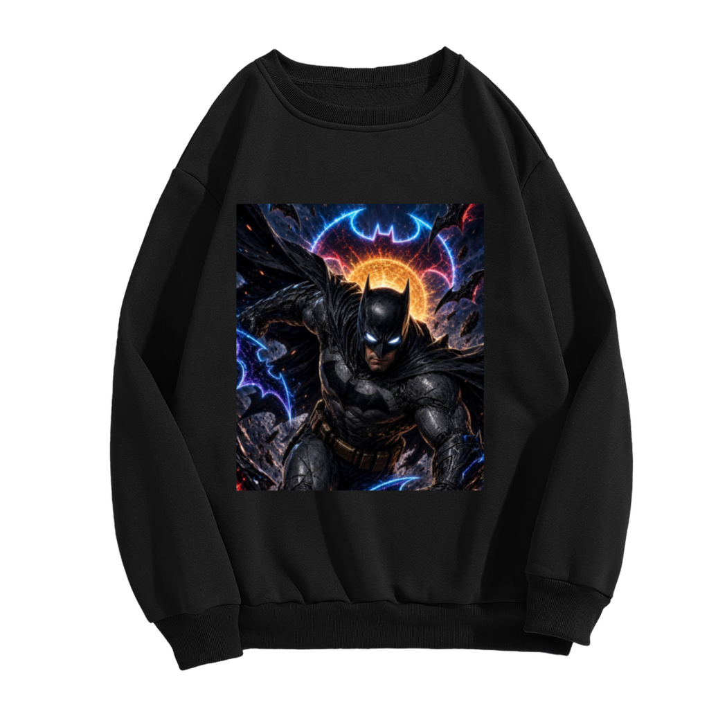 A winged masked figure leaping amid electric bolts shown on the front of a men's crewneck sweatshirt in a standalone product shot