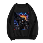 A winged masked figure leaping amid electric bolts shown on the front of a men's crewneck sweatshirt in a standalone product shot
