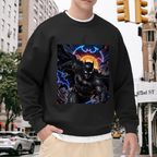 Outdoor photograph of a model in a men's crewneck sweatshirt bearing a winged masked figure leaping amid electric bolts