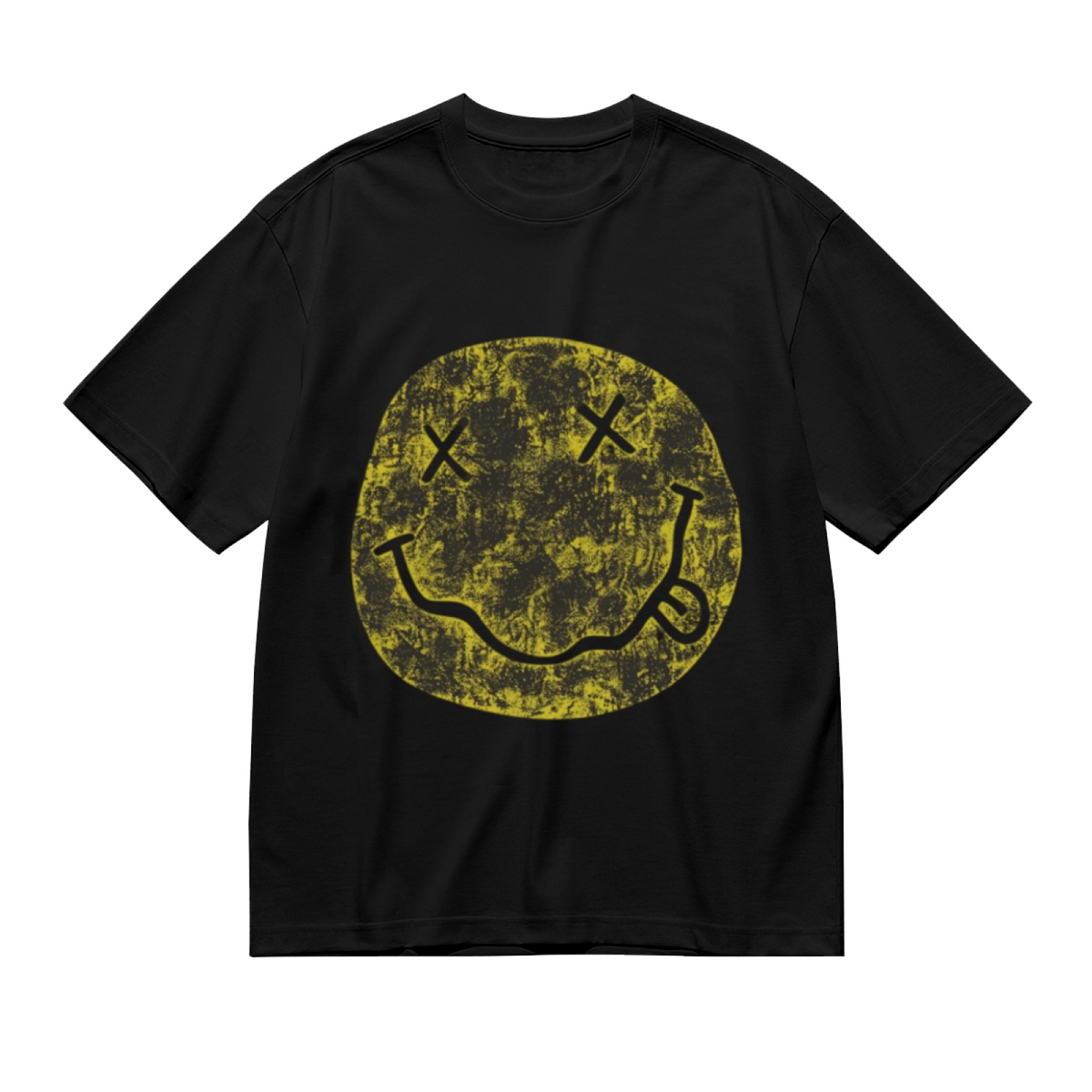 Nirvana Distressed Smiley Face Band T-Shirt for Men — product design preview of the artwork; the yellow smiley-face logo has a distressed visual treatment