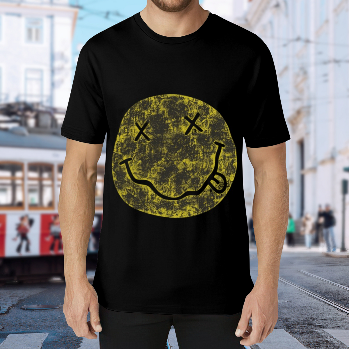 Nirvana Distressed Smiley Face Band T-Shirt for Men — product design preview of the artwork; the yellow smiley-face logo has a distressed visual treatment