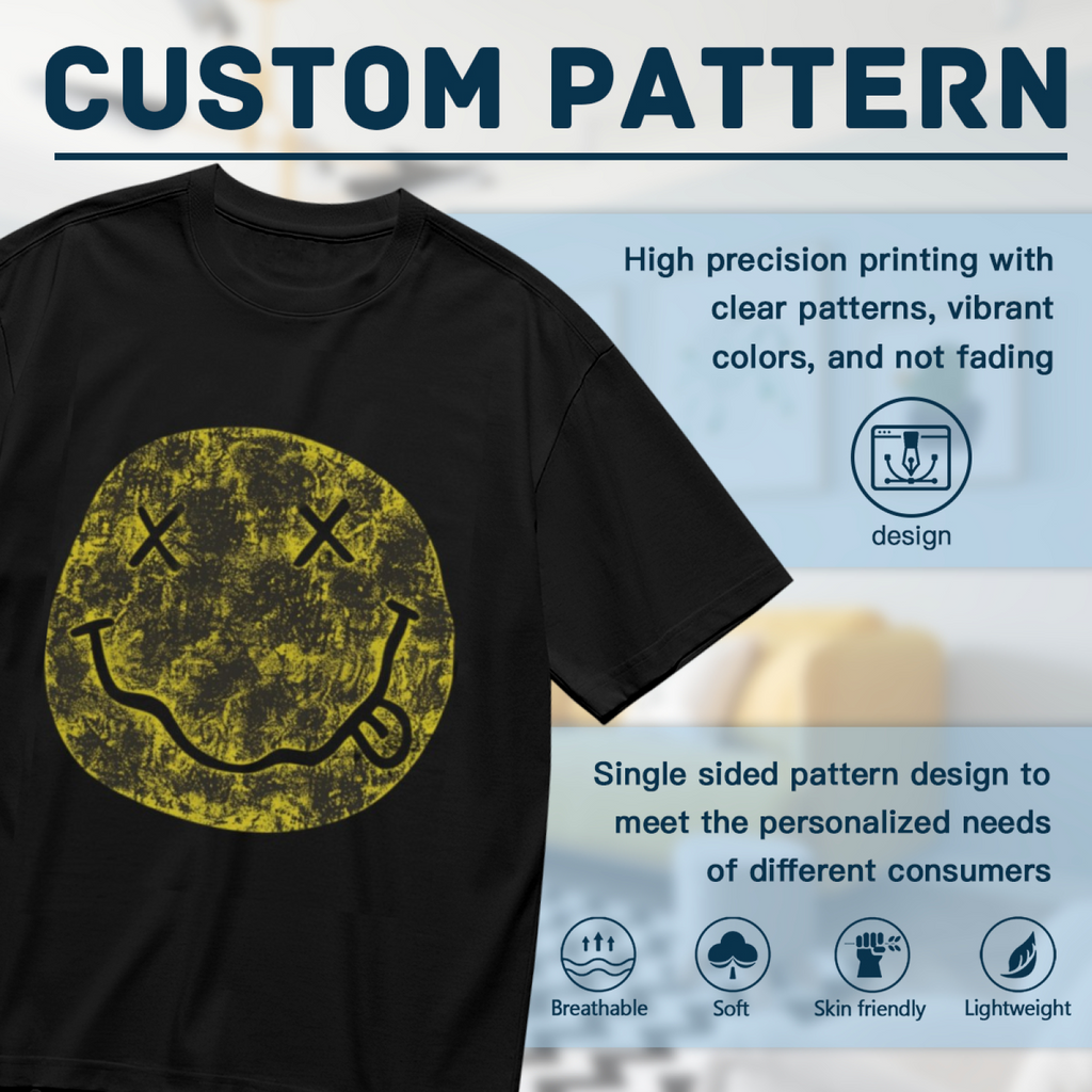 Nirvana Distressed Smiley Face Band T-Shirt for Men — product design preview of the artwork; the yellow smiley-face logo has a distressed visual treatment