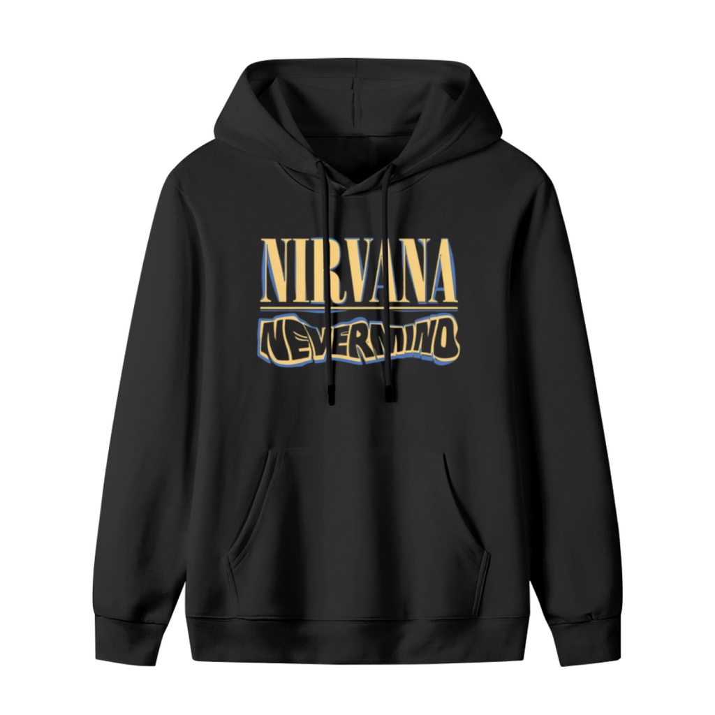 Hoodie product image with nevermind blue yellow logo artwork, black colorway