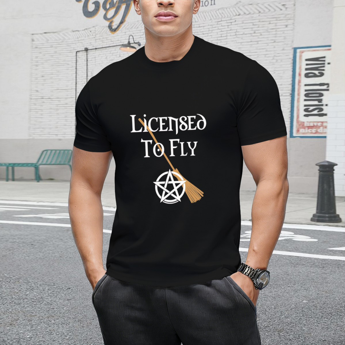 Licensed to Fly Wiccan Pagan Halloween Graphic T-Shirt