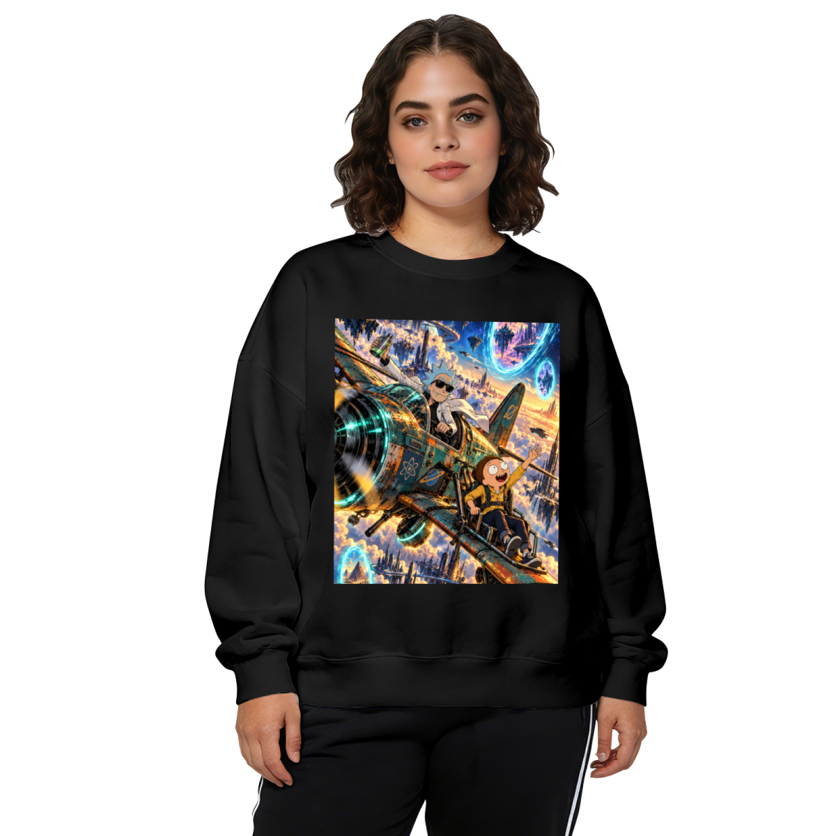 A cartoon crew aboard an aircraft flying through portals printed on a women's crewneck sweatshirt, shown in a front model photo