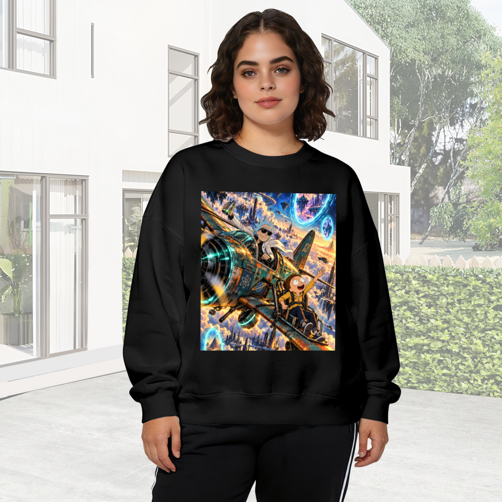 On-location model photograph displaying a cartoon crew aboard an aircraft flying through portals on the front of a women's crewneck sweatshirt