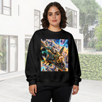 On-location model photograph displaying a cartoon crew aboard an aircraft flying through portals on the front of a women's crewneck sweatshirt