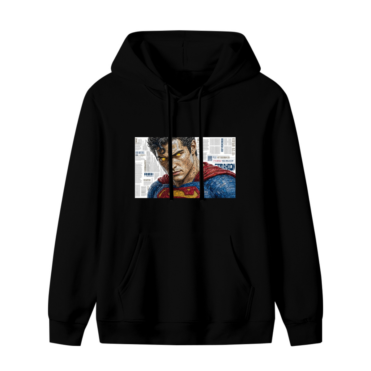 Women's hoodie photographed alone, with a tightly cropped intense face above a cape against newsprint on the front