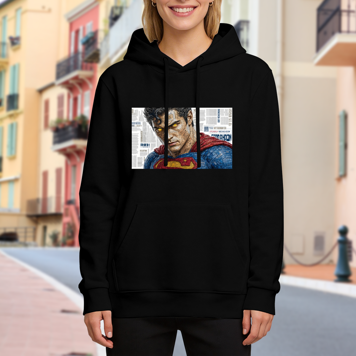 Lifestyle image outdoors: women's hoodie with a front graphic of a tightly cropped intense face above a cape against newsprint