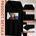 Feature collage for the women's Expression over Newspaper Type hoodie: hood shape, pouch pocket and cuff finishing