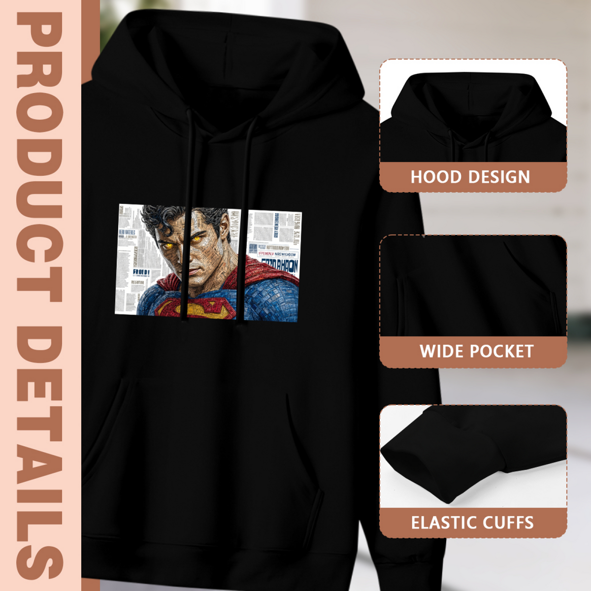Feature collage for the women's Expression over Newspaper Type hoodie: hood shape, pouch pocket and cuff finishing