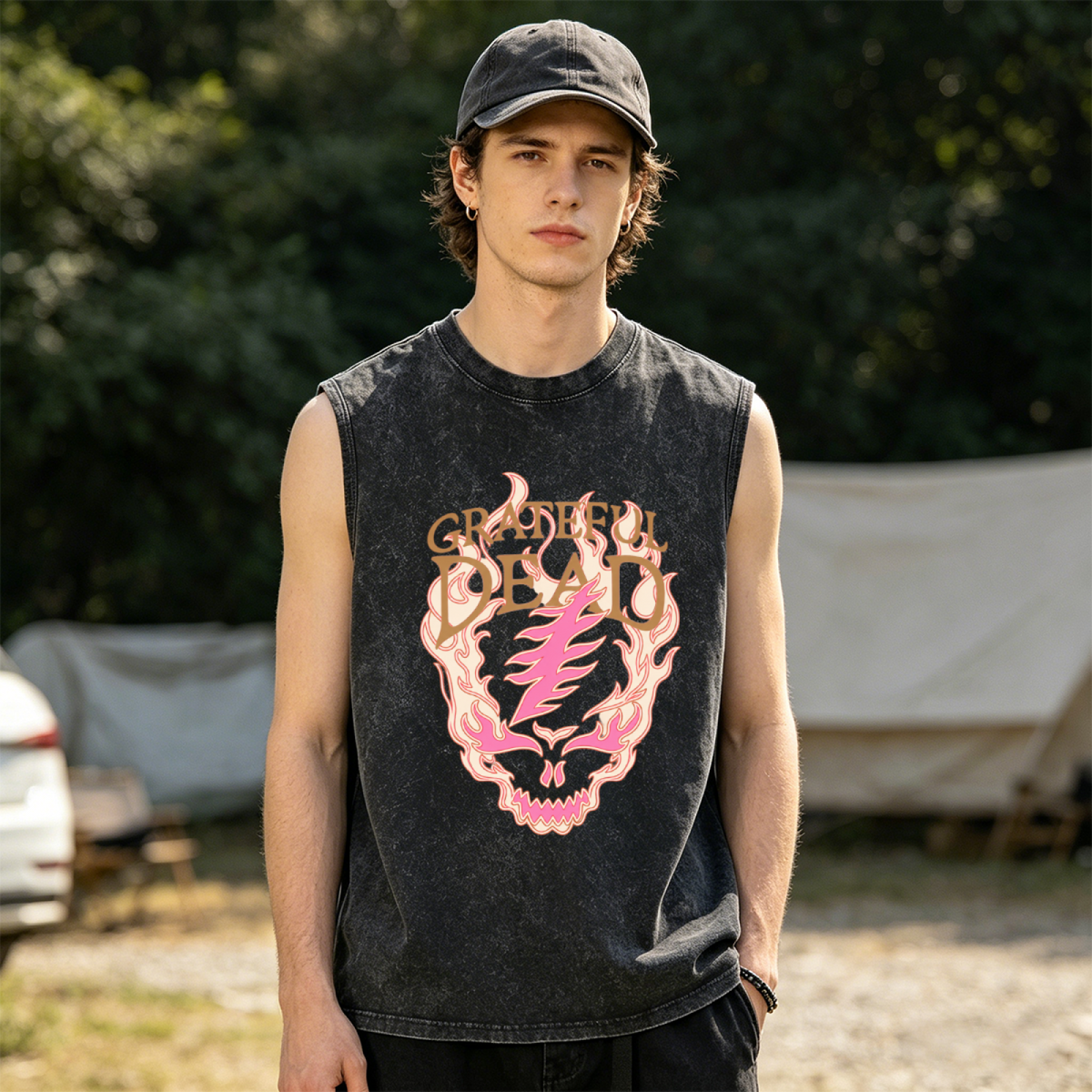 Grateful Dead washed graphic tank top with Flaming Skull Lightning Bolt graphic