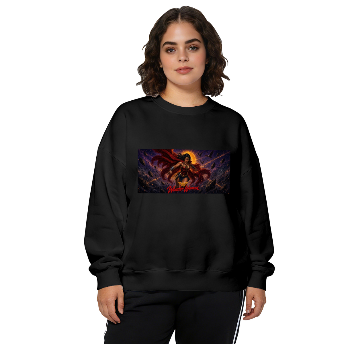 Women's crewneck sweatshirt seen on a model, its front graphic depicting a lasso-wielding warrior in a wide cosmic action scene