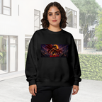 A lasso-wielding warrior in a wide cosmic action scene visible on a women's crewneck sweatshirt in an outdoor front model view