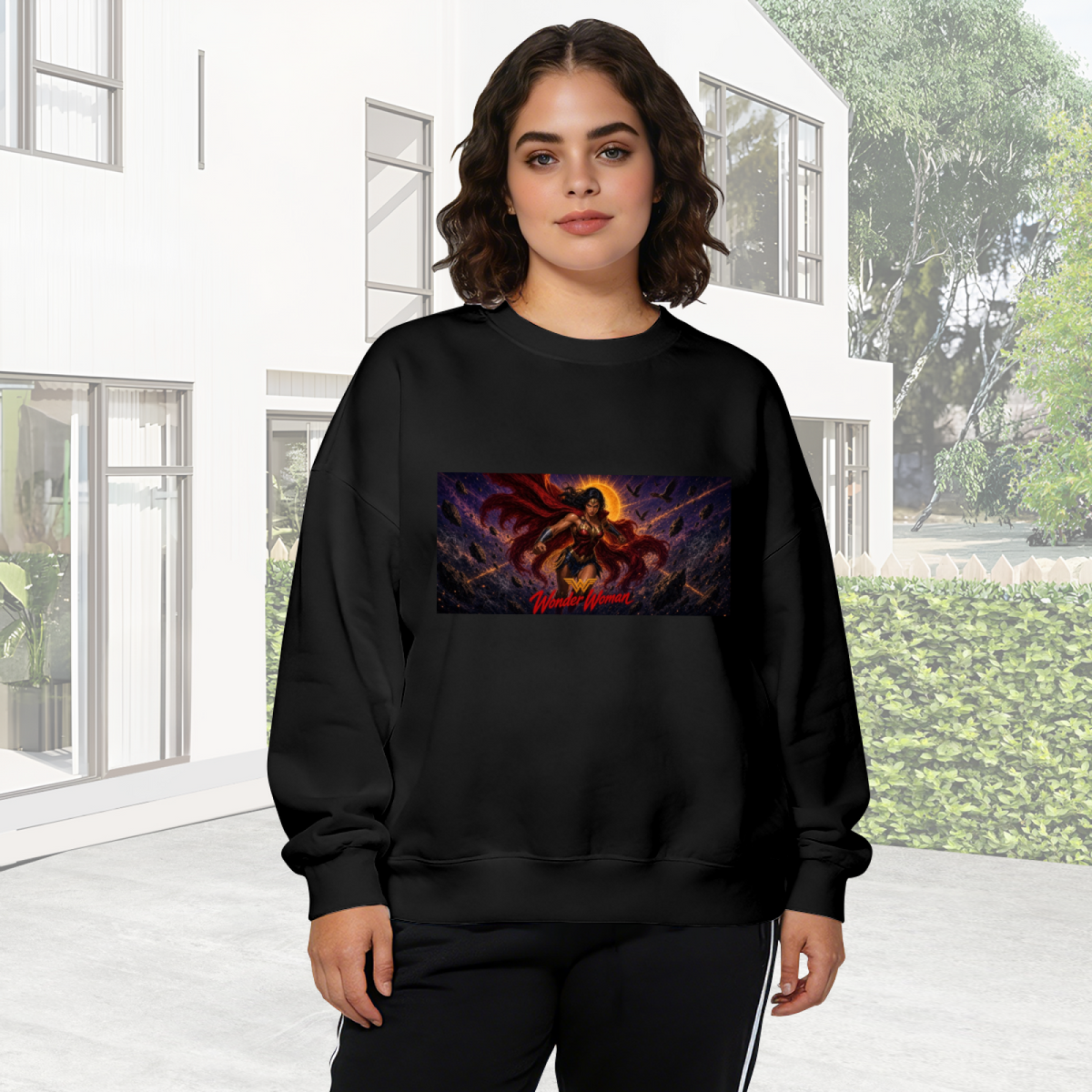 A lasso-wielding warrior in a wide cosmic action scene visible on a women's crewneck sweatshirt in an outdoor front model view
