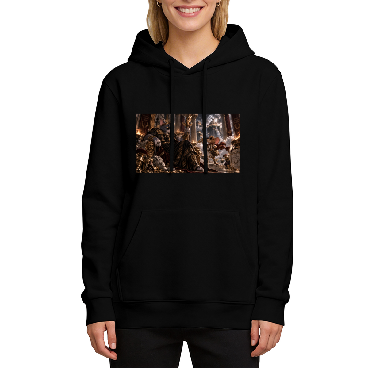 Studio photograph of a model in a women's hoodie showing a feline ruler in an ornate palace filled with storm effects