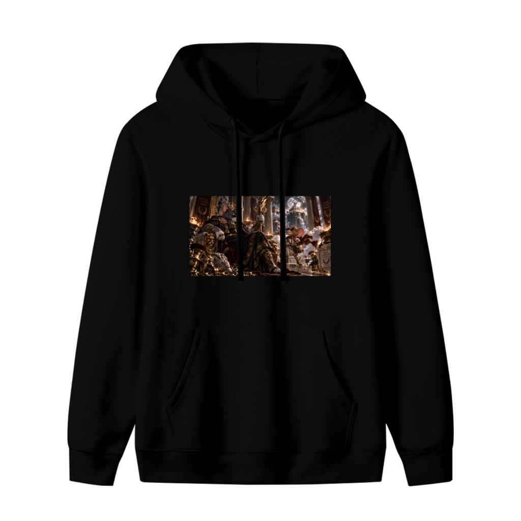 Standalone women's hoodie front displaying a graphic of a feline ruler in an ornate palace filled with storm effects