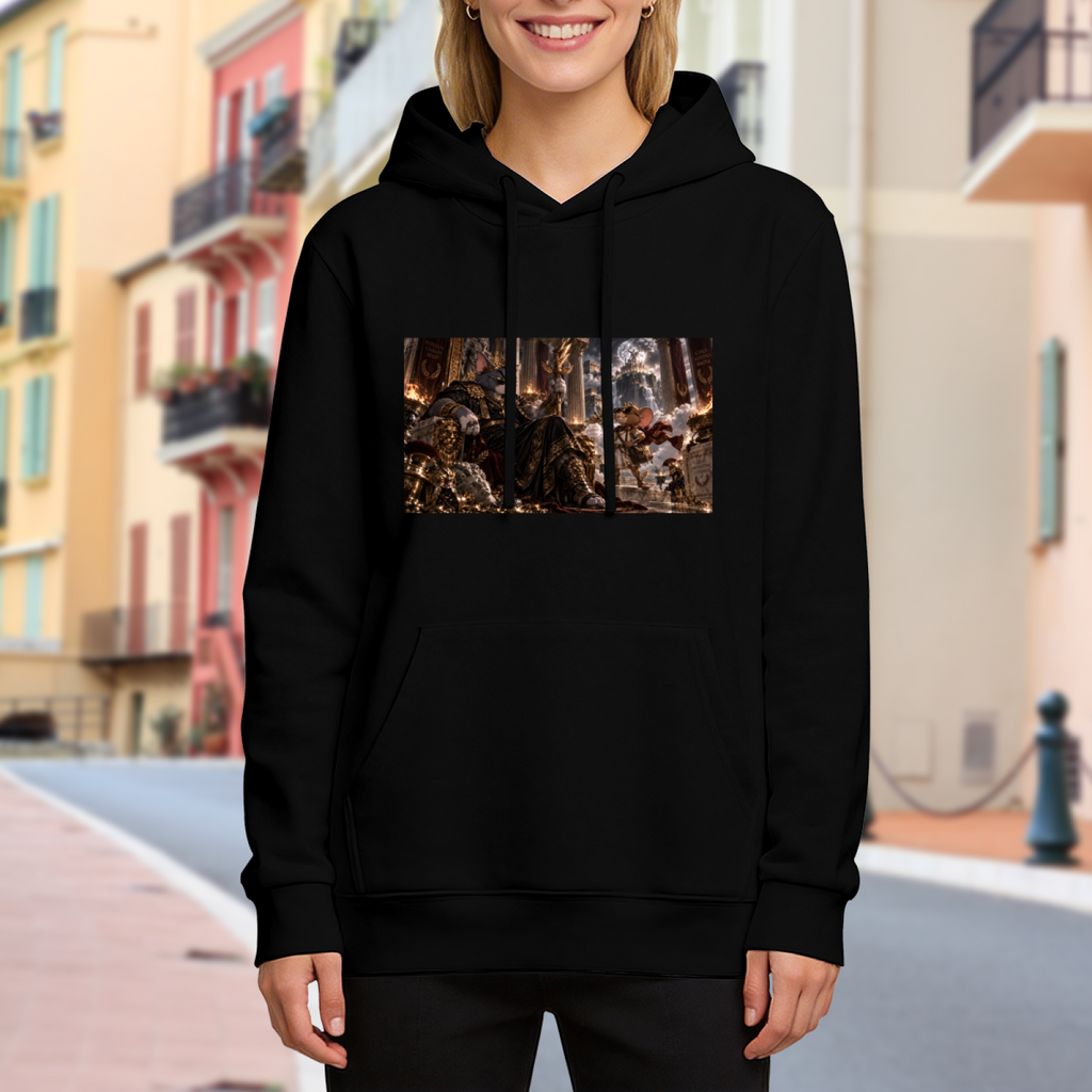Women's hoodie worn outside, with the camera facing the graphic of a feline ruler in an ornate palace filled with storm effects