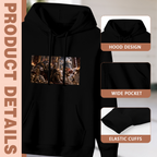 Construction-detail card for the women's A Cat King in the Storm hoodie, including the hood, front pouch and cuff edges