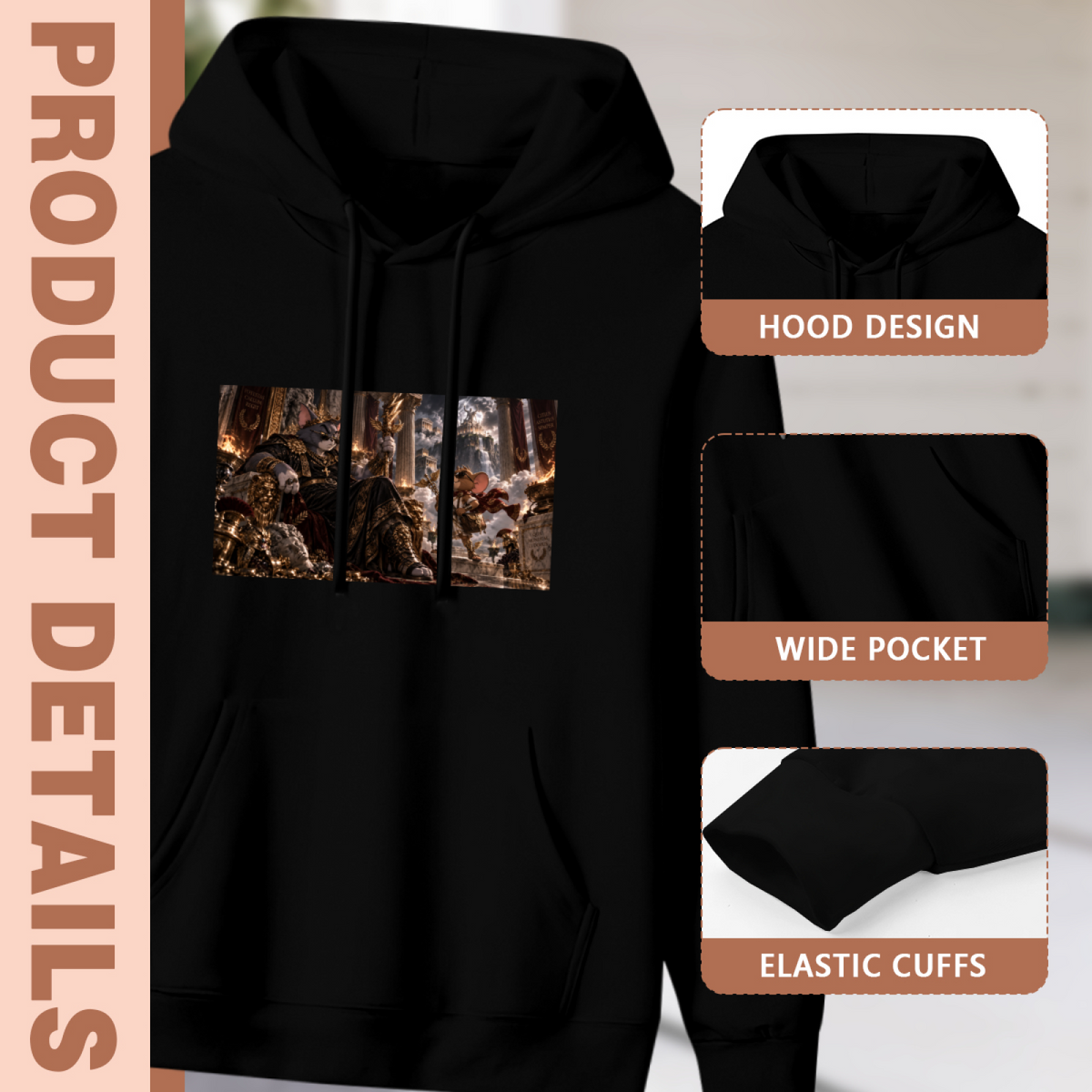 Construction-detail card for the women's A Cat King in the Storm hoodie, including the hood, front pouch and cuff edges