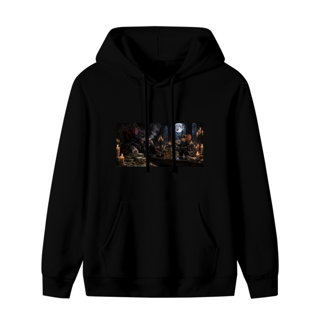 Animal figures gathered around a banquet table in a candlelit Gothic hall shown on the front of a women's hoodie in a standalone product shot