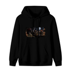 Animal figures gathered around a banquet table in a candlelit Gothic hall shown on the front of a women's hoodie in a standalone product shot