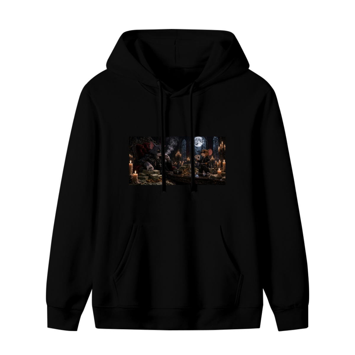 Animal figures gathered around a banquet table in a candlelit Gothic hall shown on the front of a women's hoodie in a standalone product shot