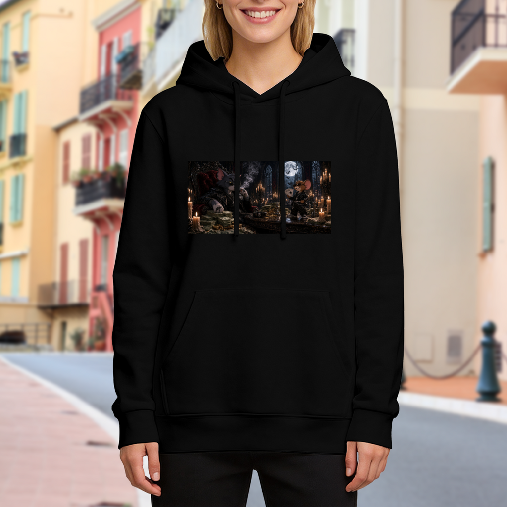 Outdoor photograph of a model in a women's hoodie bearing animal figures gathered around a banquet table in a candlelit Gothic hall