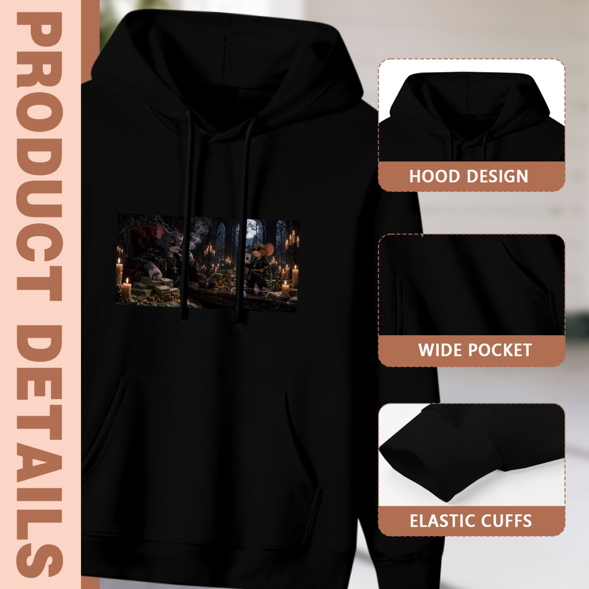 Hood, pouch pocket and sleeve-cuff detail images accompanying the women's A Banquet Lit by Candles hoodie