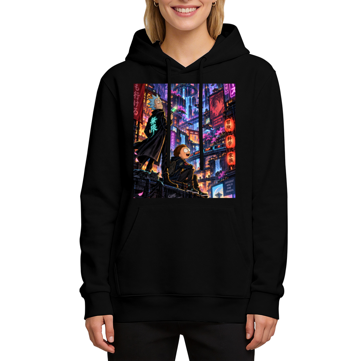On-model product photo: women's hoodie bearing two figures on a rooftop overlooking a glowing futuristic city