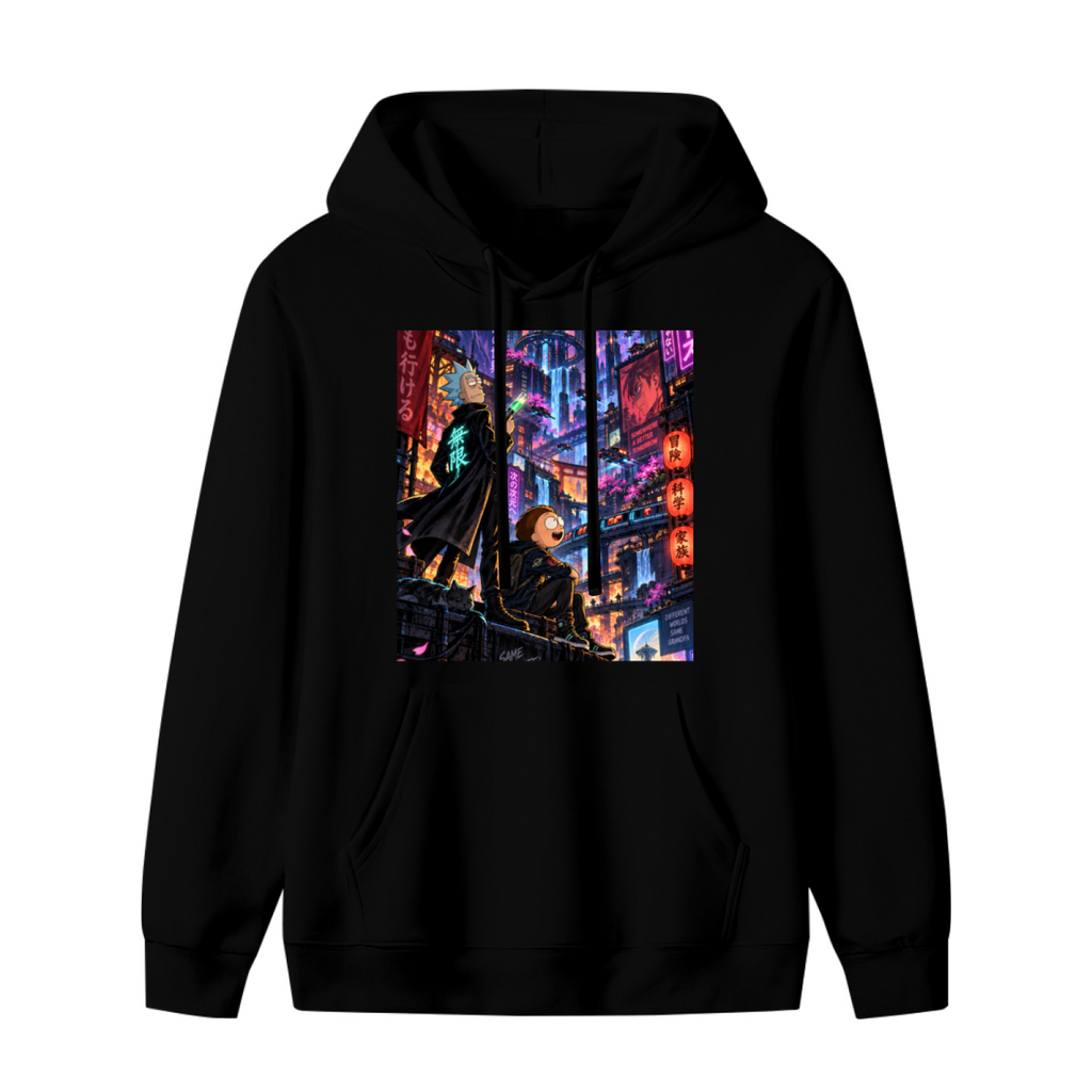Women's hoodie photographed alone, with two figures on a rooftop overlooking a glowing futuristic city on the front