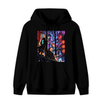 Women's hoodie photographed alone, with two figures on a rooftop overlooking a glowing futuristic city on the front