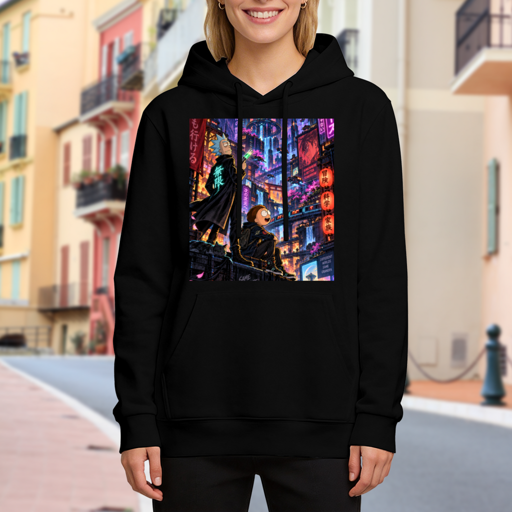 Lifestyle image outdoors: women's hoodie with a front graphic of two figures on a rooftop overlooking a glowing futuristic city