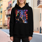 Lifestyle image outdoors: women's hoodie with a front graphic of two figures on a rooftop overlooking a glowing futuristic city