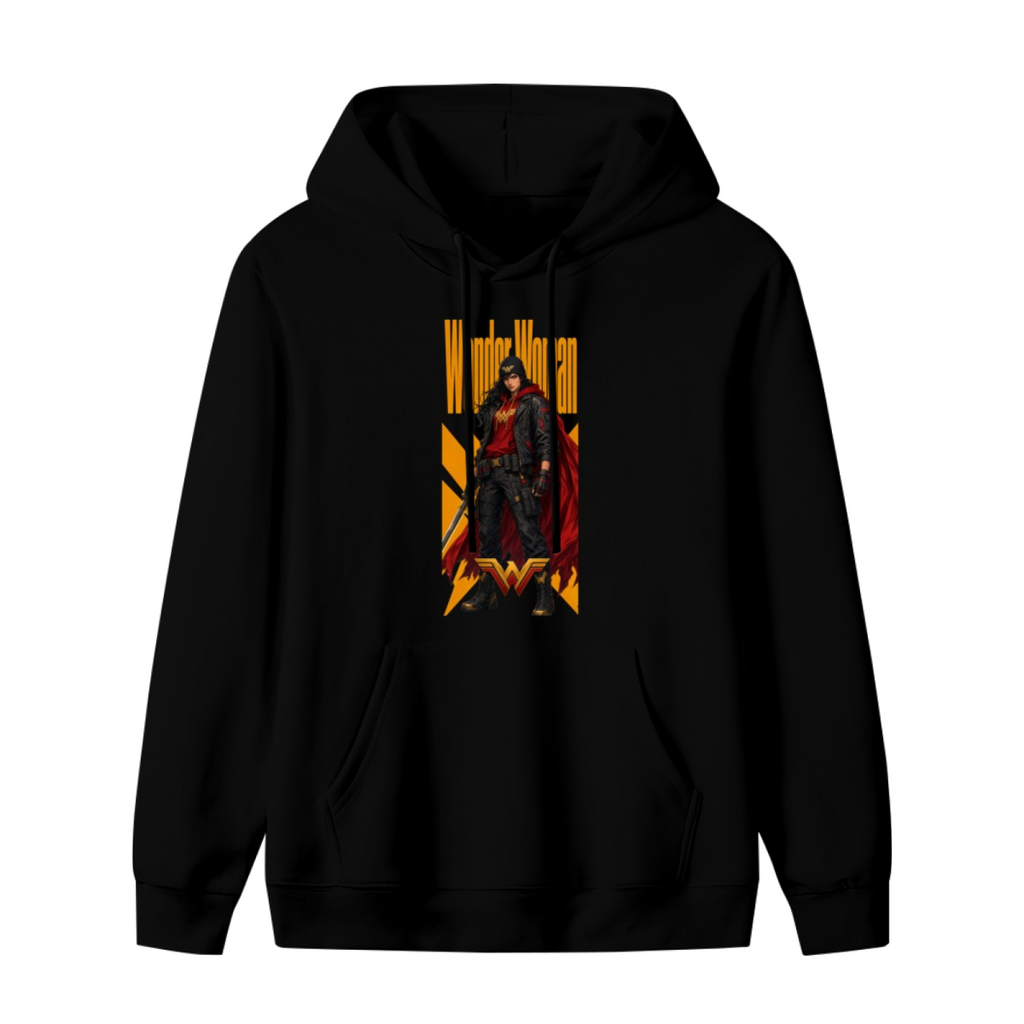 Men's hoodie photographed alone, with a caped figure in a street-style stance within a tall poster composition on the front