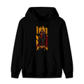 Men's hoodie photographed alone, with a caped figure in a street-style stance within a tall poster composition on the front