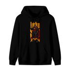 Men's hoodie photographed alone, with a caped figure in a street-style stance within a tall poster composition on the front