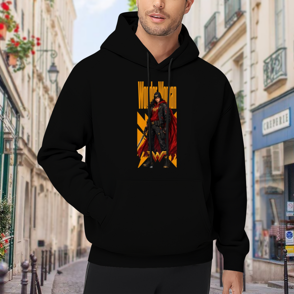 Lifestyle image outdoors: men's hoodie with a front graphic of a caped figure in a street-style stance within a tall poster composition