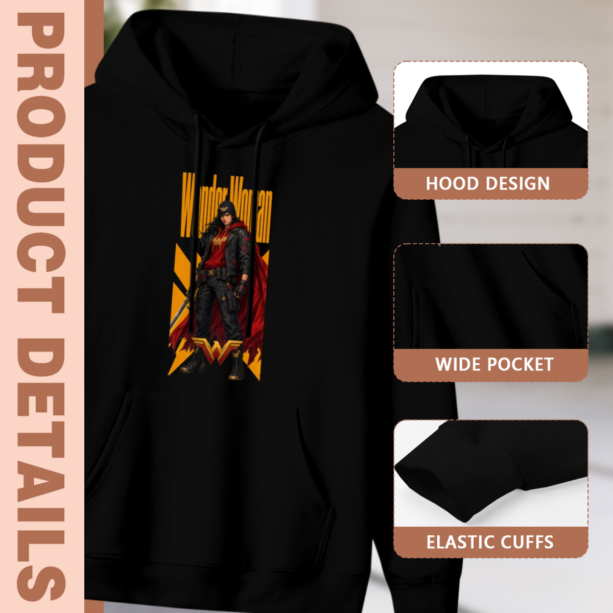 Feature collage for the men's Urban Pose and Flowing Cape hoodie: hood shape, pouch pocket and cuff finishing