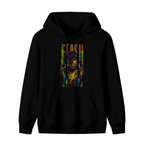 Front garment photograph: women's hoodie decorated with a masked graffiti portrait with a yellow X and lightning marks