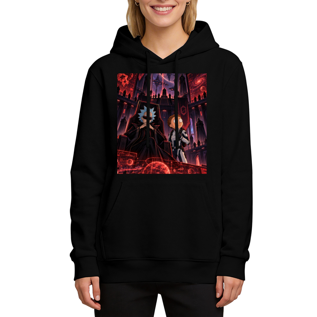 Studio photograph of a model in a women's hoodie showing two figures inside a crimson-lit technological chamber