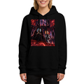 Studio photograph of a model in a women's hoodie showing two figures inside a crimson-lit technological chamber