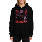 Studio photograph of a model in a women's hoodie showing two figures inside a crimson-lit technological chamber
