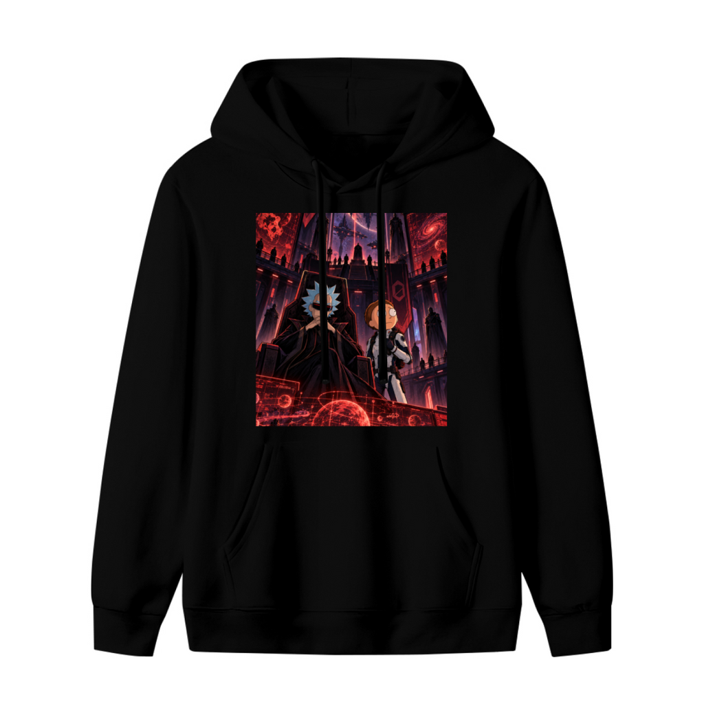 Standalone women's hoodie front displaying a graphic of two figures inside a crimson-lit technological chamber