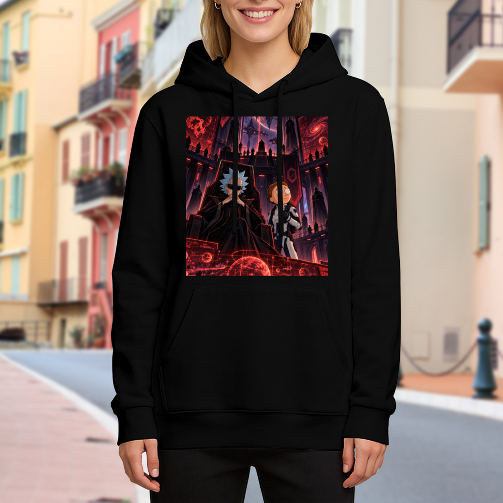 Women's hoodie worn outside, with the camera facing the graphic of two figures inside a crimson-lit technological chamber