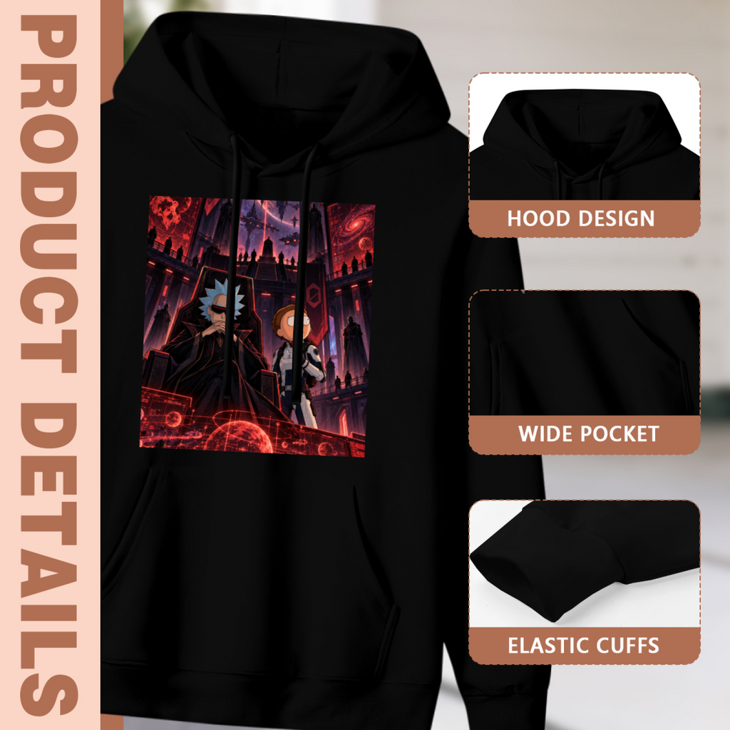 Construction-detail card for the women's Visitors in the Control Room hoodie, including the hood, front pouch and cuff edges
